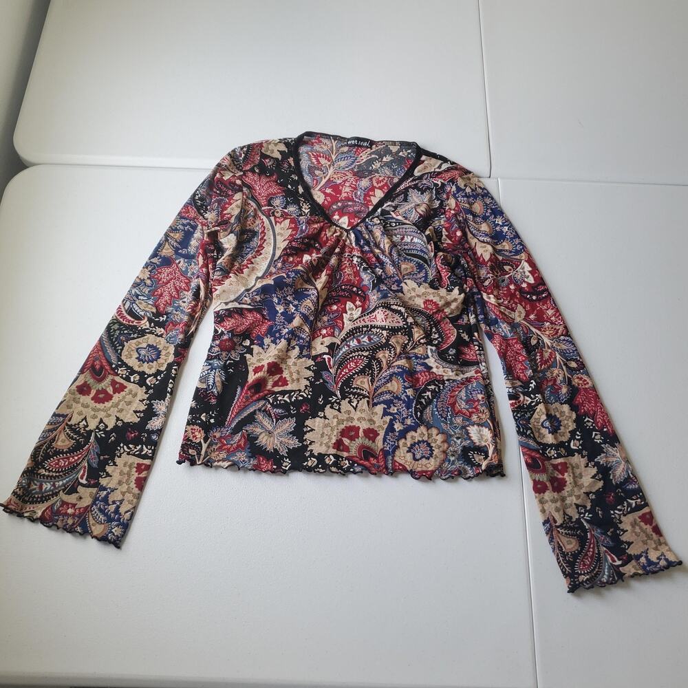 Y2K Wet Seal Shirt Large Multicolor Paisley V Neck Lettuce Whimsigoth Fairy